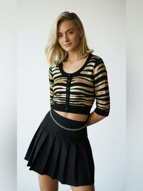 Hooked Up by IOT Cropped Black and Metallic Gold Zebra Stripe Cardigan